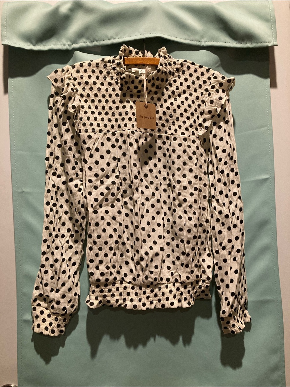 Blu Pepper Black Polka Dot Ruffled Mock Neck Blouse